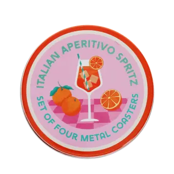 Round coaster stroage tin with Italian Aperitivo Spritz design featuring cocktail glass and oranges 