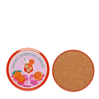 View of front and back of round coaster with Italian Aperitivo Spritz design featuring cocktail glass and oranges