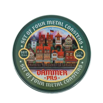 Round coaster with vintage German beer design and colorful town illustration