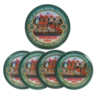 Four round coasters with vintage German beer design and storage tin