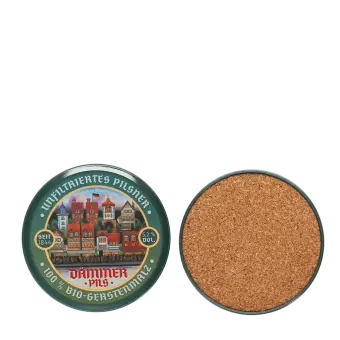 View of front and back of round coaster with vintage German beer design