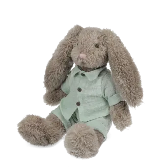 Plush bunny toy with floppy ears, wearing light green shirt and pants