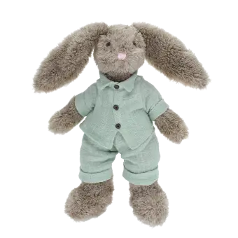 Plush bunny toy with floppy ears, wearing light green shirt and pants