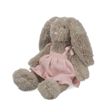 Plush bunny toy with floppy ears, wearing a pink dress