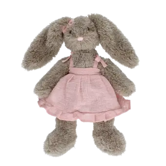 Plush bunny toy with floppy ears, wearing a pink dress