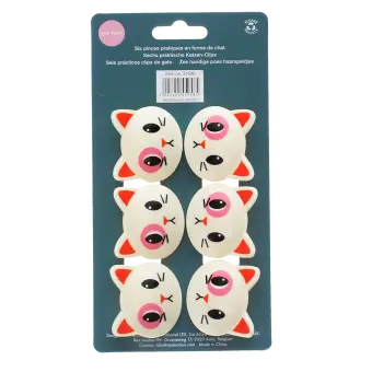 Back of six cat-shaped bag clips packaging showing descriptions and barcode