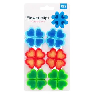 Six bright flower-shaped bag clips in blue, red, and green in packaging 