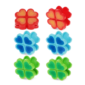 Six bright flower-shaped bag clips in blue, red, and green