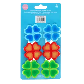 Back of six bright flower-shaped bag clips in blue, red, and green packaging 