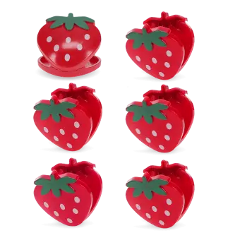 Six strawberry-shaped bag clips in red with green leaves