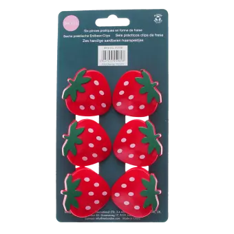 Pack of six strawberry-shaped bag clips in red with green leaves