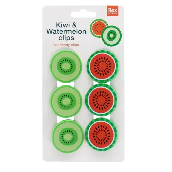 Pack of six round bag clips shaped like kiwi and watermelon slices in green and red