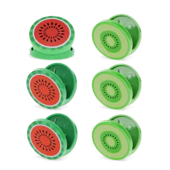 Six round bag clips shaped like kiwi and watermelon slices in green and red