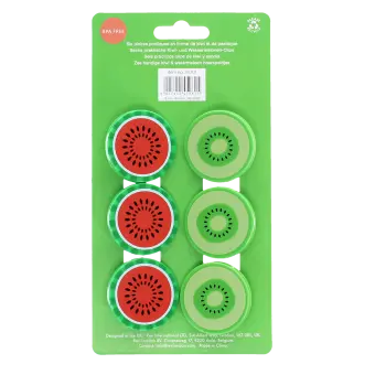 Pack of six round bag clips shaped like kiwi and watermelon slices in green and red
