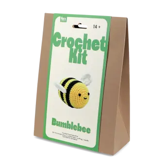 Crochet kit front packaging with bee printed design