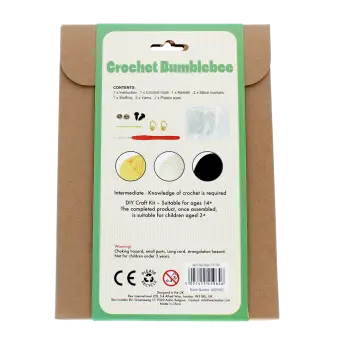 Bee crochet kit back packaging with safety warnings descriptions