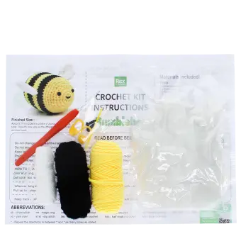 Crochet kit with yarn, crochet hook, stuffing, stitch markers, and instructions 