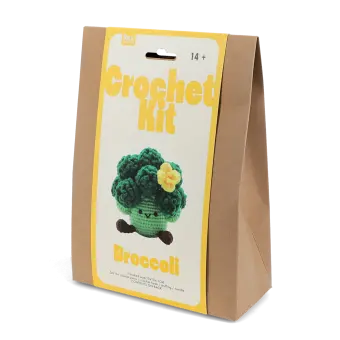 Crochet kit front packaging with broccoli printed design