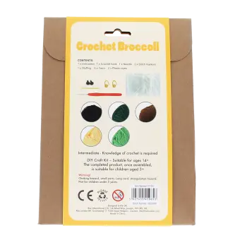 Crochet kit back packaging with safety warnings descriptions