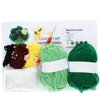 Crochet kit with yarn, crochet hook, stuffing, stitch markers, and instructions 