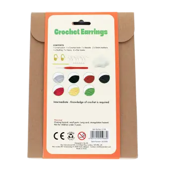 Crochet kit packaging front view with safety warnings descriptions