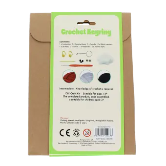 Crochet kit back packaging with safety warnings descriptions