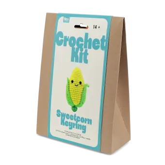 Crochet kit front packaging with printed sweetcorn design
