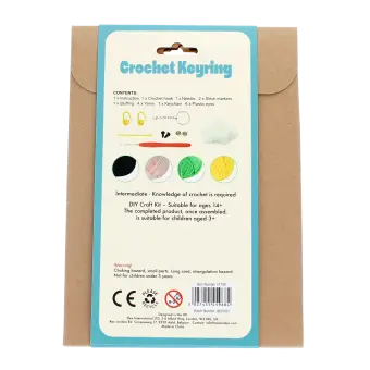 Crochet kit back packaging with safety warnings descriptions