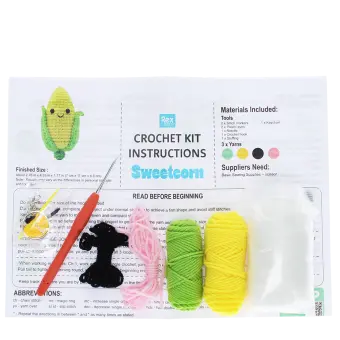 Crochet kit with yarns, hook, needle, stuffing, and instructions to make your own sweetcorn keyring