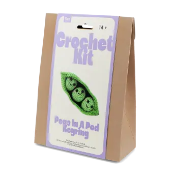 Crochet kit front packaging with printed peas in a pod design 