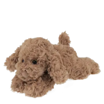 Brown plush dog toy lying down with floppy ears and soft fur