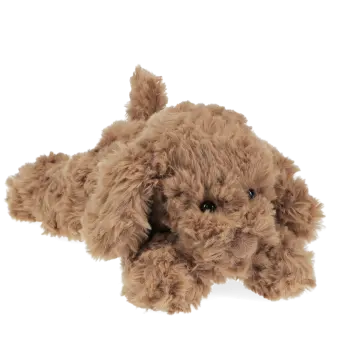 Brown plush dog toy lying down with floppy ears and soft fur