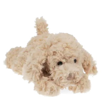 Light brown plush dog toy lying down with floppy ears and soft fur