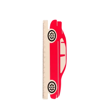 A red ruler shaped like a car with measurement markings along the bottom edge