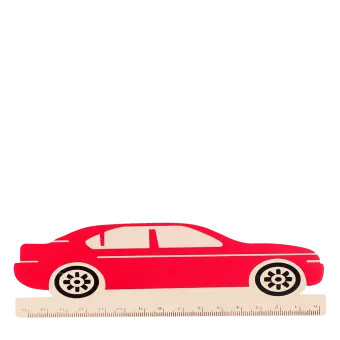 A red ruler shaped like a car with measurement markings along the bottom edge