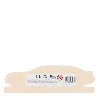 Back of wooden car ruler showing barcode and safety warnings.