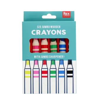 Pack of six jumbo wooden crayons in assorted colors with sharpener