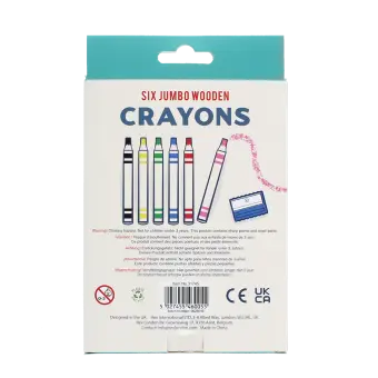 Back of jumbo crayons packaging showing descriptions and safey warnings.