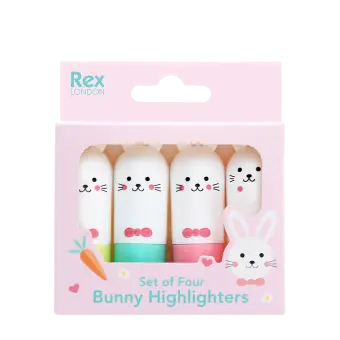 Set of four bunny-shaped highlighters in different colours in a pink box.