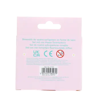 Back of bunny highlighters showing descriptions and safety warnings.