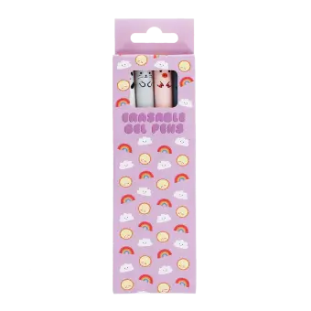 Pack of four animal-themed erasable gel pens in a pink box with rainbow and cloud design.