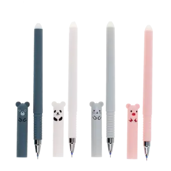 Pack of four animal-themed erasable gel pens in a different colour with cap off.