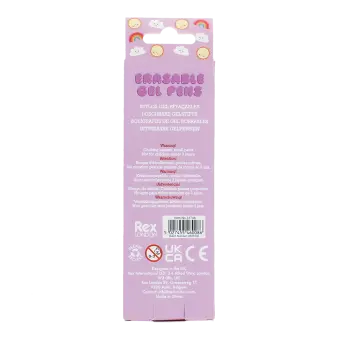 Back of animal erasable gel pens packaging showing descriptions and safety warnings.