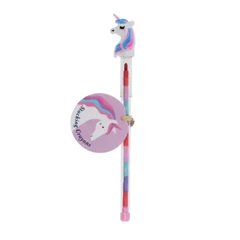 Unicorn stacking crayon with a white unicorn topper and a tag with unicorn print