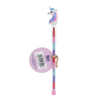 Unicorn stacking crayon with a white unicorn topper and a tag with barcode