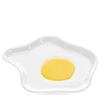 White ceramic trinket dish shaped like a fried egg with yellow yolk design