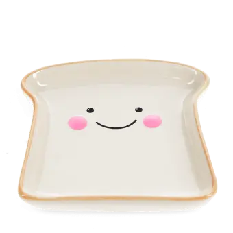 Ceramic trinket dish shaped like a slice of bread with a smiling face and pink cheeks