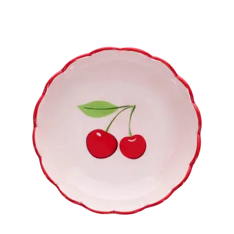 round ceramic trinket dish with scalloped red edge and cherry design in the center