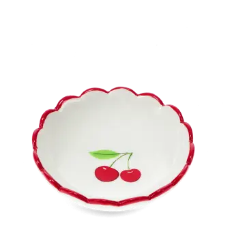 Round ceramic trinket dish with scalloped red edge and cherry design in the center.