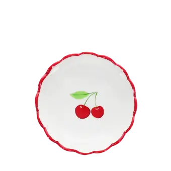 Round ceramic trinket dish with scalloped red edge and cherry design in the center.